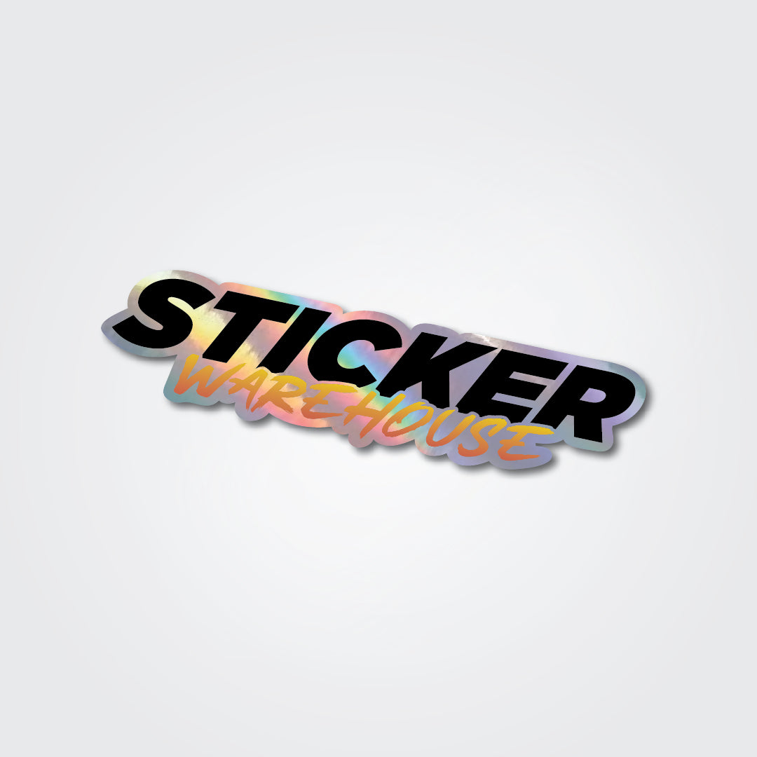 Holographic Die Cut Stickers showcasing the 'STICKER WAREHOUSE' logo with a colorful rainbow effect.
